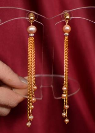 Сережки - ланцюжки з рожевими перлами ′жозефіна′