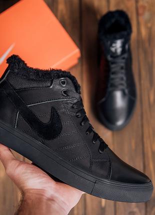 Чоловічі зимові шкіряні черевики  Nike Black Leather.