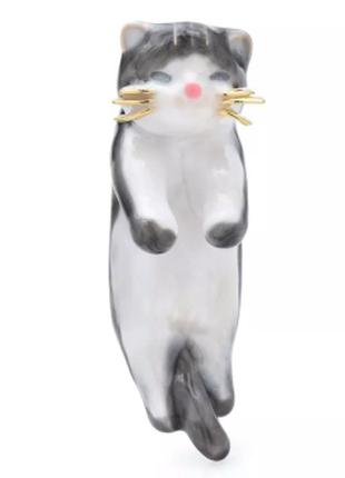 Обьемная брошь брошка металл эмаль кот кошка котенок серый мил...