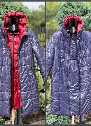 Двухсторонний пуховик пальто синтепон с вставкой синий/бордовый