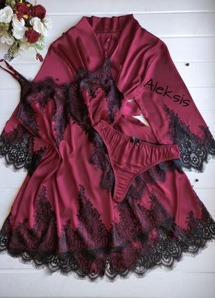 Потрясающий бордовый шёлковый комплект - халат, пеньар, трусики