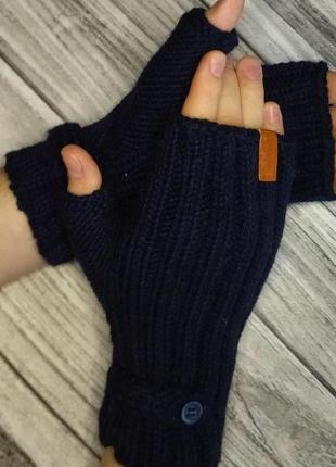 Вовняні чоловічі мітенки - в'язані рукавички без пальців (темно-с