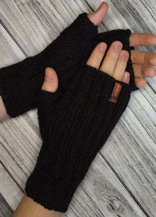 Вовняні чоловічі мітенки - в'язані рукавички без пальців (чорний