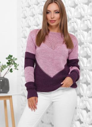 Нежный вязанный свитер сиреневого цвета. модель 163. размер ун...