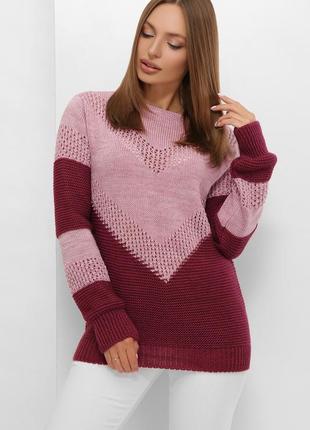 Женский двухцветный свитер с красивой вязкой сирень-фуксия. мо...