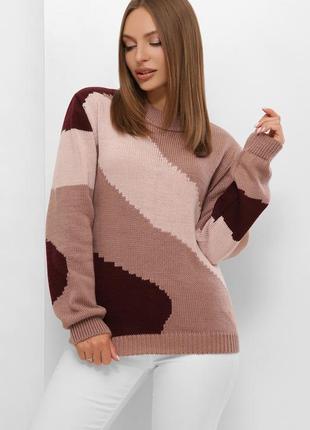 Женский вязаный трехцветный свитер. модель 207 фрез. размер ун...