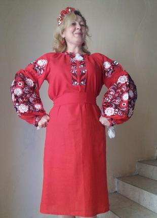 Сукня жіноча з вишивкою "княжна", червоне, льон.