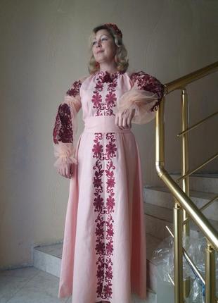 Платье женское, розовое или голубое  в этническом стиле, вышив...