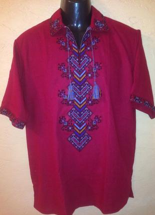 Рубаха - вышиванка , мужская, бордовая, орнамент " берегиня"