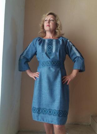 Платье в этническом стиле, с вышивкой, женское, голубое, лен-г...