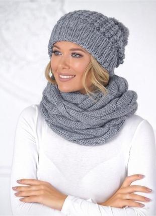 Зимний женский комплект шапка и шарф , теплый , вязаный , полу...