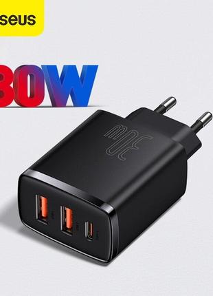 Быстрая сетевая зарядка Baseus Compact Quick Charger 2xUSB U+C...