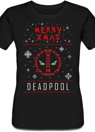 Женская новогодняя футболка "merry xmas deadpool" (чёрная)