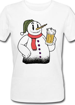 Женская новогодняя футболка snowman drinking beer (белая)