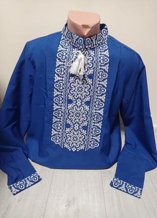 Дизайнерская синяя мужская вышиванка "Злагода" с вышивкой и дл...