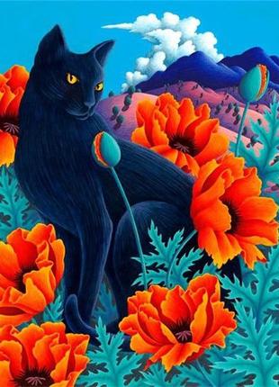 Набор алмазной мозаики вышивки "Кот в маках" кошка черный раду...