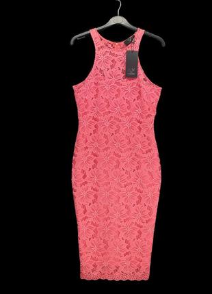 Новое красивое коралловое гипюровое платье ax paris. размер uk10.