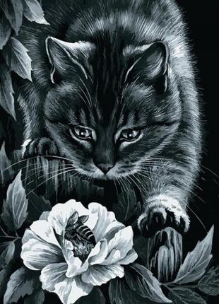 Набор алмазной мозаики вышивки "Кошка на охоте" кот черный пче...