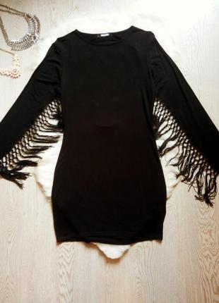 Черное мини платье стрейч натуральное с бахромой кисточками от...