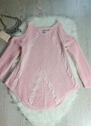 Вязаный розовый свитер с вырезами открытыми плечами кофта тепл...