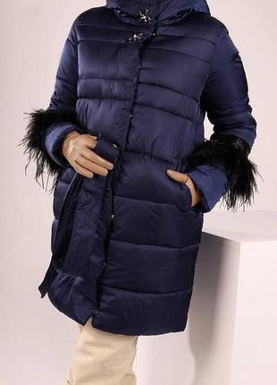 Пальто євро зима / подовжена куртка з капюшоном/ темно синя