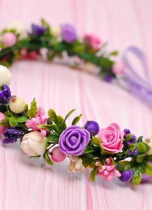 Вінок віночок з квітами кремово-розово-фіолетовий