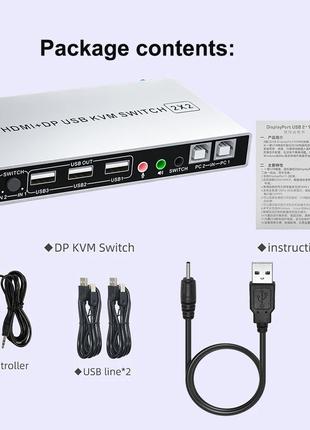 Двойной монитор HDMI DisplayPort KVM-переключатель 4K 60 Гц 2X...