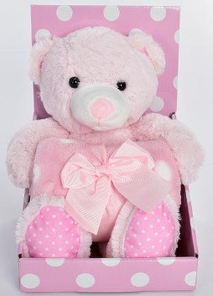 Мягкая игрушка медведь с пледом, розовый