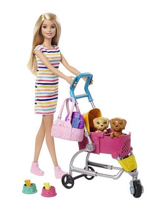 Барбі з цуциками та коляскою barbie stroll n play pups playset...