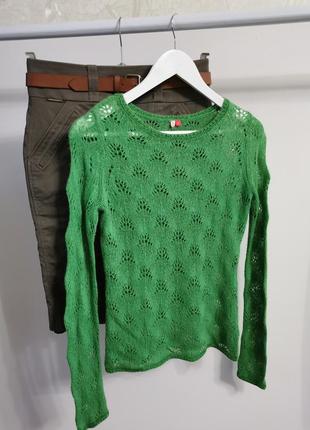 Ажурный вязаный зелёный мохеровый свитер, джемпер