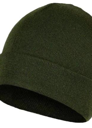 Двойная зелёная вязаная шапка с отворотом (утеплённая)