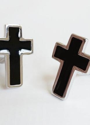 Запонки крест крестик хрестик серебристые с черной эмалью черн...
