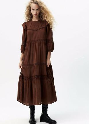 Zara коричневе максі плаття з вишивкою xs s