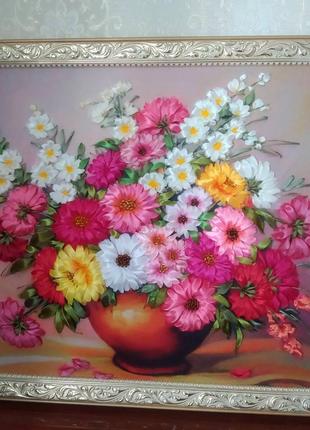 Картина з вишивкою стрічками "Осінні квіти"