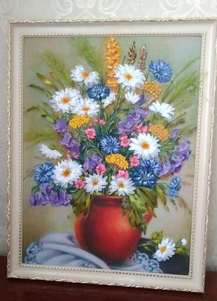 Картина з вишивкою стрічками "Польові квіти"