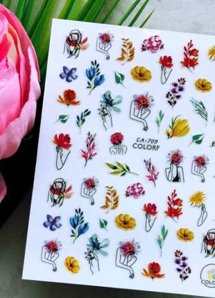 Наклейки для дизайна ногтей цветы, девушки СА-709
