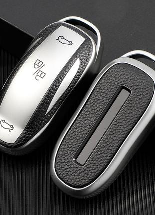 Чехол на авто смарт ключ ТПУ + кожа для Tesla Model X Silver