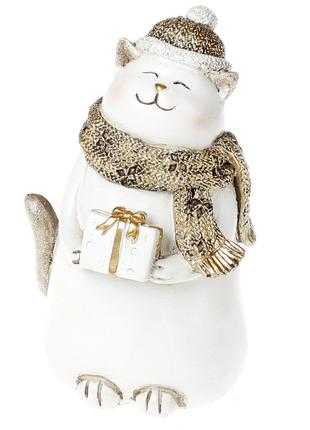 Декоративная статуэтка Котик с подарком, 14см, цвет - белый с ...
