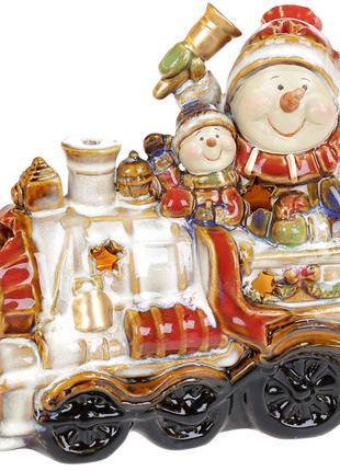 Декоративная керамическая статуэтка Снеговики на паровозе, с L...