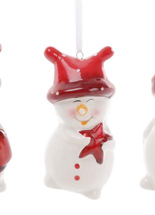 Подвесной декор Снеговик, 8см, 3 дизайна, цвет - красный , 6шт