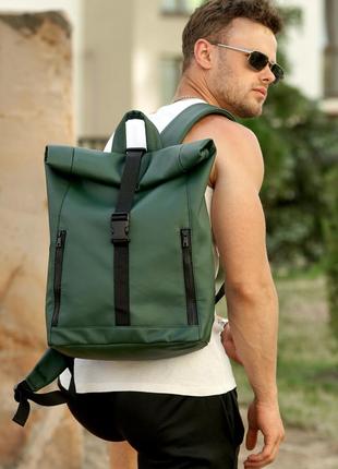 Рюкзак зеленый мужской большой кожаный раскладной рол вместите...