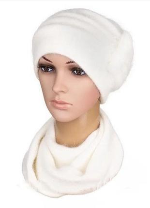 Женский комплект теплый шапка и шарф из ангоры вязаный белого ...