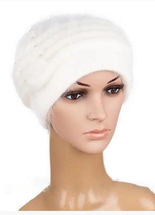 Женская шапка зимняя вязаная ангора пушистая белый  цвет