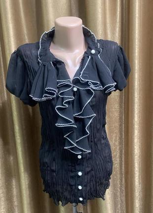 Трендовая чёрная шёлковая блузка волан Xanaka с пышным рукавом фо
