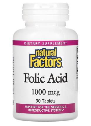 Natural Factors, фолиевая кислота, 1000 мкг, 90 таблеток,диет....