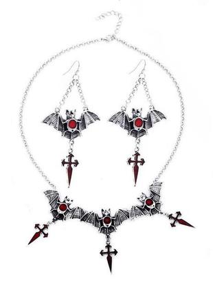 Комплект серьги и ожерелье летучая мышь и кресты панк рок готика
