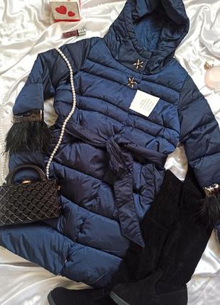 Темно синее пальто евро зима / демисезон / удлиненная куртка /...