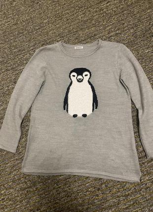 Большой тёплый свитер туника серый оверсайз с пушистым пингвином