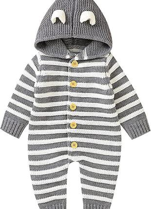 Хлопковый вязаный свитер с капюшоном в полоску для новорожденн...
