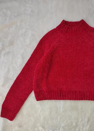 Красный малиновый велюровый короткий свитер кроп вязаная кофта...